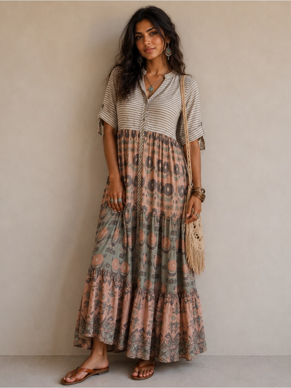 Bombay Paisley Indie Boho Striped Tiered Neutral Abstract Art Maxi Dress XS NWOT